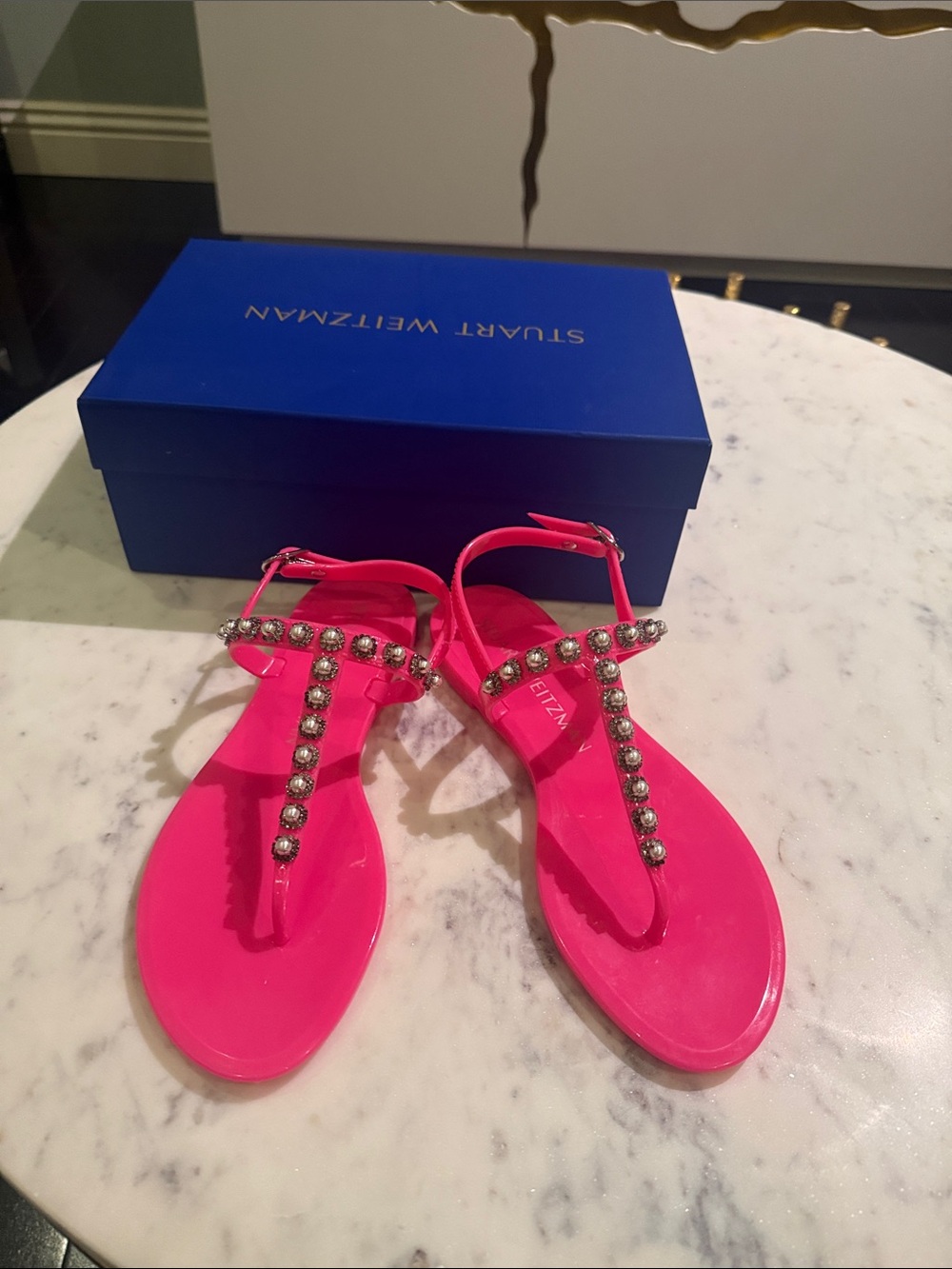 Stuart Weitzman Neon Pink Jeweled T-Strap Sandals